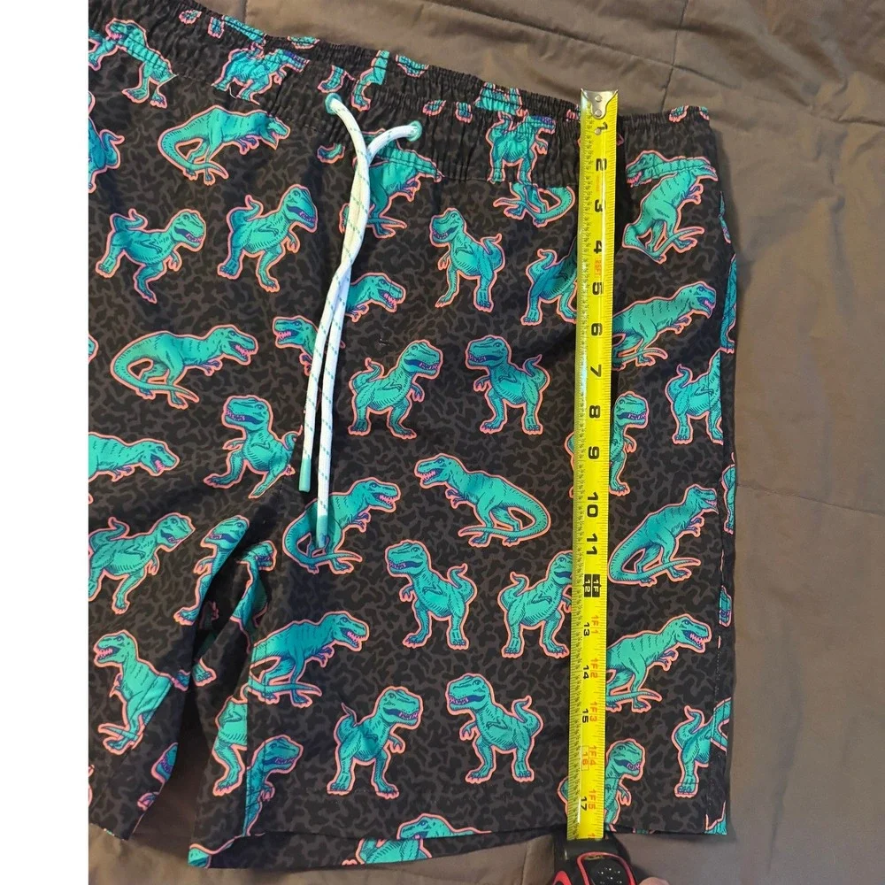 Member's Mark Mens Resort Swim Trunks Black Neon Dinosaur T-Rex Print Large